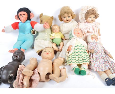 A collection of assorted antique / vintage dolls, bears and a Chad Valley Jacko Chimpanzee / Monkey. The composition dolls of