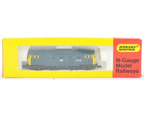 An original vintage Minitrix made N Gauge model railway train set locomotive Class 27 27014 BR Blue. Model appears mint withi