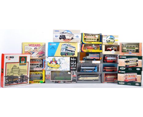 A large collection of approx 20x vintage and later model Corgi made diecast model vehicles. Largely public transport and adve