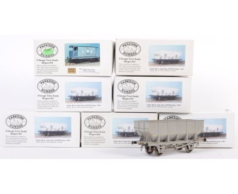 A rake of seven original Parkside Dundas made 0 Gauge 7mm scale model railway locomotive train set wagons. Comprising 6x PS10