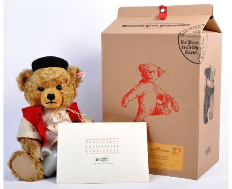 An original German Steiff made ' Bernhard The Brewer ' soft toy teddy bear with growler 994821. The special German edition be