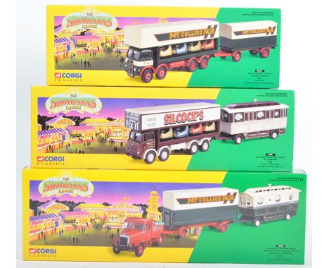 A collection of x3 Corgi Classics ' Showmans Range ' boxed diecast model Circus related sets - 09901 Pat Collins Fair ERF Dod