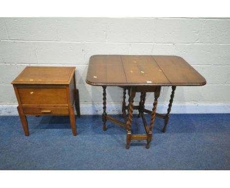 A 20TH CENTURY SMALL OAK BARLEY TWIST GATE LEG TABLE, open length 91cm x depth 34cm x depth 63cm x height 74cm, along with a 