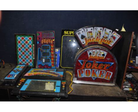 A SELECTION OF FRUIT MACHINE FRONT PANELS including a Jackpot Joker head unit by Project Coin Machinery, Wize Move by Barcres