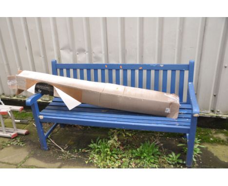 A MODERN PAINTED WOODEN SLATTED GARDEN BENCH width 152cm and a Wyevale parasol (unchecked) Condition Report: some paint losse