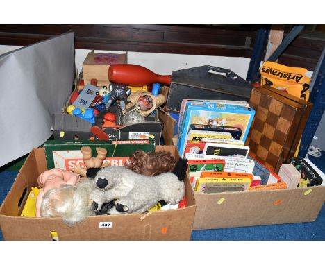 A QUANTITY OF ASSORTED TOYS, GAMES AND PUZZLES ETC., Palitoy and Zapf Creations dolls, Puppet, Fred the Flour Grader, Dam Tro