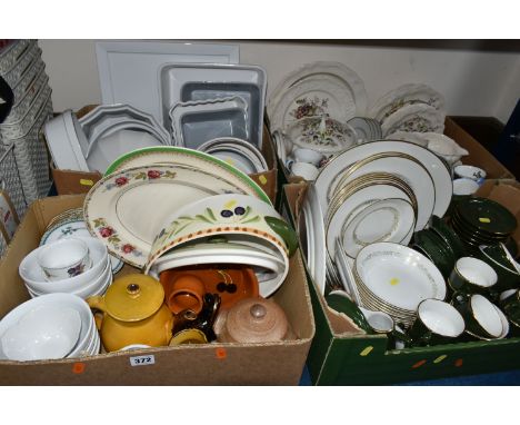 FOUR BOXES OF CERAMICS, to include a set of 1980's  Aplico green and gilt coffee cups, tea cups, saucers and tea plates, John