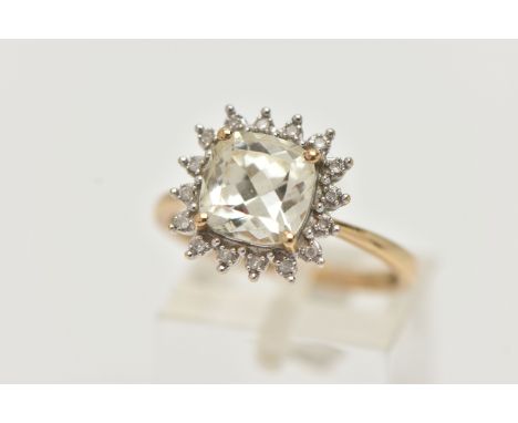 A 9CT GOLD GEM SET RING, a square cut light yellow quartz, set with a halo of single cut diamonds, hallmarked 9ct Birmingham,