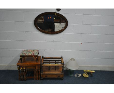 A SELECTION OF OCCASIONAL FURNITURE, to include an oak nest of three tables, largest width 51cm x 41cm x 46cm, a walnut cante