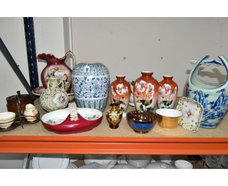 A GROUP OF EARLY 20TH CENTURY CERAMICS, comprising a blue and white Chinese water bucket, a hand painted Moriage vase and tri