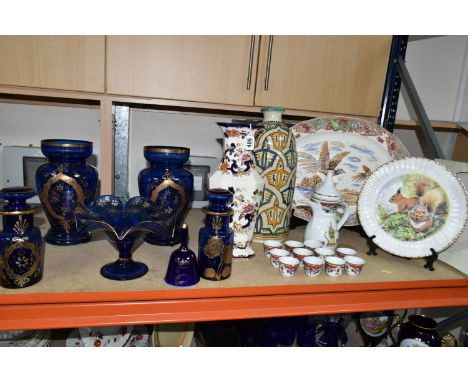 A COLLECTION OF CERAMICS AND BOHEMIAN GLASSWARE, comprising a pair of blue Bohemian glass vases, two lidded jars, a compote a