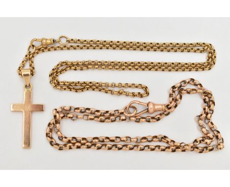 TWO CHAINS AND A CROSS PENDANT, both belcher link chains with lobster claw clasps, one suspending a cross pendant, one clasp 