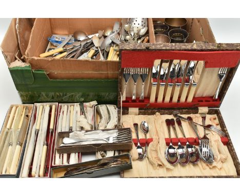 A BOX OF ASSORTED WHITE METAL WARE, to include various boxed sets of cutlery to include butter knives, forks etc, a cased set