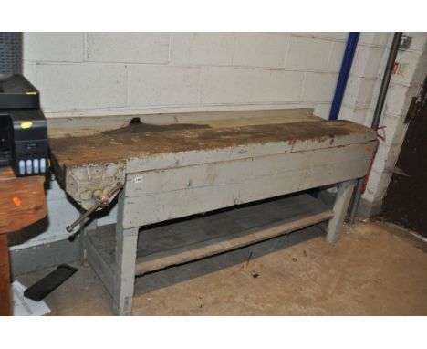 A BESPOKE CARPENTERS WORK BENCH with under shelf and a Parkinson 15 Perfect vice fitted width 200cm depth 58cm height 84cm (C