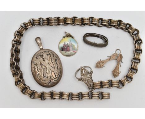 ASSORTED JEWELLERY, to include a white metal oval monogram locket, fitted with a tapered bail, opens to reveal two photo comp