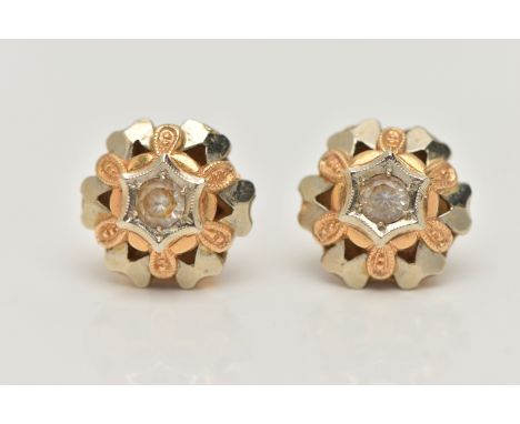 A PAIR OF BI-COLOUR SPINEL EARRINGS, each earring of a circular open work dome, set with a central colourless stone assessed 