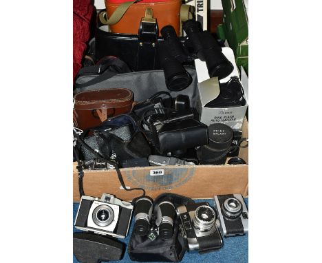 ONE BOX OF VINTAGE CAMERAS AND BINOCULARS, to include an Halina Super, a Prinzflex Super TTL No. 701038, a Kodak Brownie 44A,