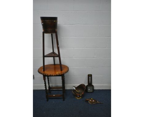 A SELECTION OF OCCASIONAL FURNITURE, to include an oak barley twist occasional table, an oak coopered planter stand, a brass 