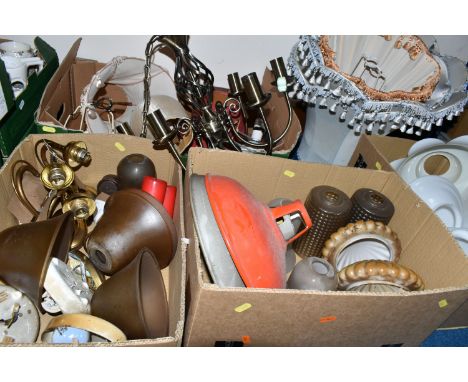 FOUR BOXES OF VINTAGE CEILING LIGHT FITTINGS, to include mid-century glass shades, fabric shades, brass wall lights, etc. (un