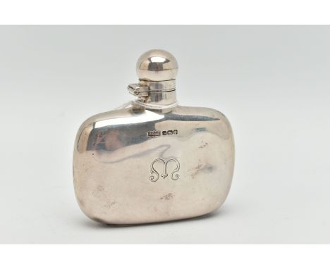 A SILVER HIP FLASK, polished form with engraved initial M, fitted with a domed twist to open hinged cover, hallmarked 'James 