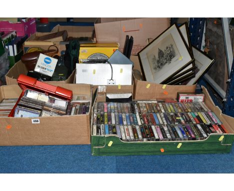 FIVE BOXES OF TAPE CASSETTES, FRAMED PRINTS AND VINTAGE CAMERAS, to include a Kodak Coloursnap 35 camera, a Canon digital IXU