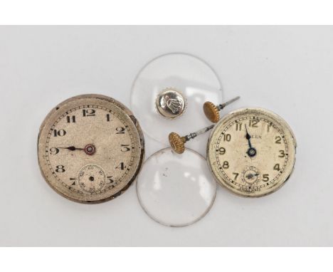 TWO 'ROLEX' WATCH MOVEMENTS, AF require some attention, the first with a round silver dial, Arabic numerals, subsidiary dial 