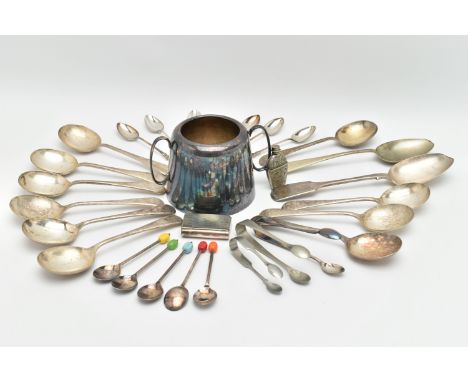 A SELECTION OF MAINLY EPNS, to include three pairs of sugar tongs, a set of five coffee spoons each with different coloured c