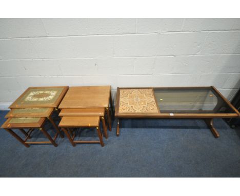 A SELECTION OF MID CENTURY TEAK OCCASIONAL FURNITURE, to include G plan tile top coffee table, with smoked glass section, len