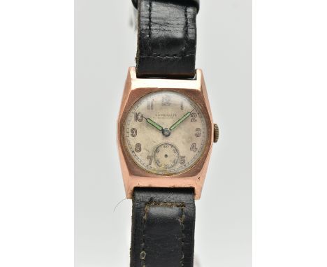 A GENTS 1940'S, 9CT GOLD 'ADMIRALTY' WRISTWATCH, manual wind AF, round discoloured dial signed 'Admiralty Northern Gold Smith