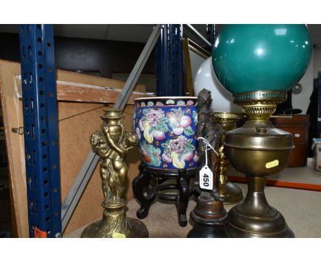 A GROUP OF OIL LAMPS, FIGURES AND ORIENTAL JARDINIERE, comprising an Oriental planter on a traditional Chinese wooden stand d