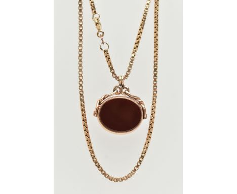 A 9CT GOLD SWIVEL FOB AND CHAIN, the oval swivel fob set with bloodstone and carnelian, suspended from a box link chain, with