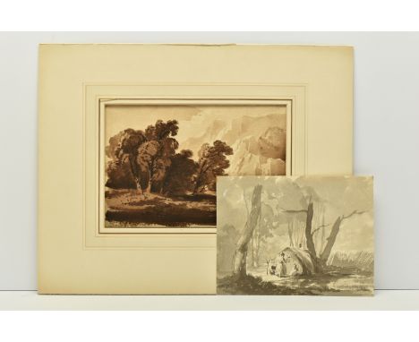 TWO UNSIGNED 19TH CENTURY LANDSCAPE SKETCHES, the first depicts a landscape with trees and cliffs to the background, ink wash