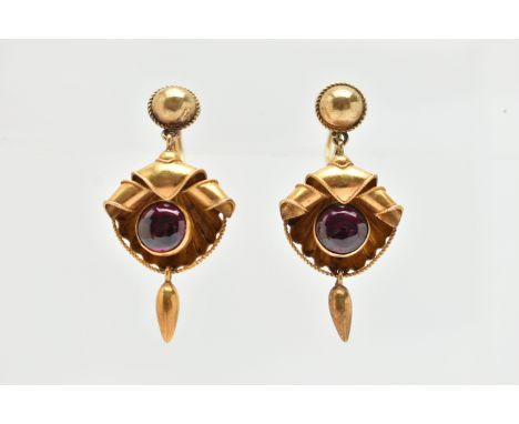 A PAIR OF VICTORIAN GARNET DROP EARRINGS, shell shape drops with a central collet set garnet cabochon, tapered dropper, to th