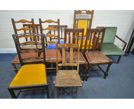 A SELECTION OF VARIOUS PERIOD CHAIRS, to include three armchairs, a commode two pairs of oak chairs, a folding chair and anot