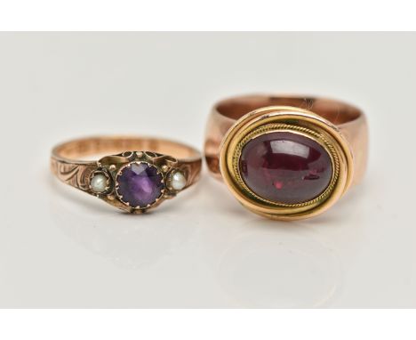 TWO GEM SET RINGS, the first a 15ct gold amethyst and seed pearl ring with scrolling detail, hallmarked 15ct Birmingham 1917,