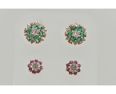 TWO PAIRS OF GEM SET EARRINGS, the first a pair of 9ct gold ruby and diamond cluster stud earrings, hallmarked 9ct Birmingham