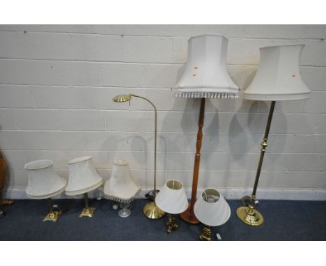 A SELECTION OF VARIOUS LAMPS, to include a brass standard lamp, a wooden standard lamp, another brass standard lamp with flex