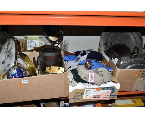 FOUR BOXES OF METALWARE AND SUNDRIES, to include a small blue Lapis and semi-precious gemstone globe with a brass cradle, a L