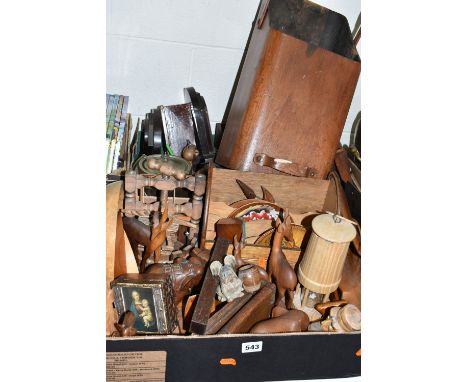TWO BOXES AND LOOSE TREEN, to include a plywood coal scuttle, a musical comport in the form of a vine leaf, a model of a mine