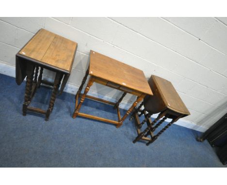 THREE 20TH CENTURY OAK TABLES, the rectangular table with a single frieze drawers, on turned legs, united by stretchers, widt