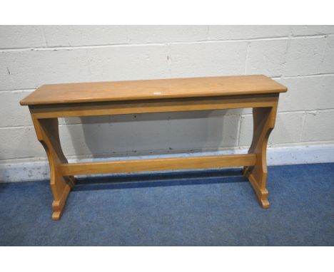 A MODERN LIGHT OAK TALL TRESTLE BENCH, length 122cm x depth 30cm x height 66cm (condition report: surface marks and scratches