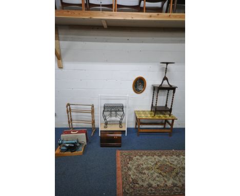 A SELECTION OF OCCASIONAL FURNITURE, to include a tile top coffee table, an oak barley twist occasional table, a wrought iron