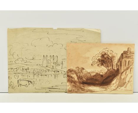 JOHN VARLEY (1778-1842) A LANDSCAPE STUDY WITH BUILDINGS, depicting a building and trees on high ground with a domed building