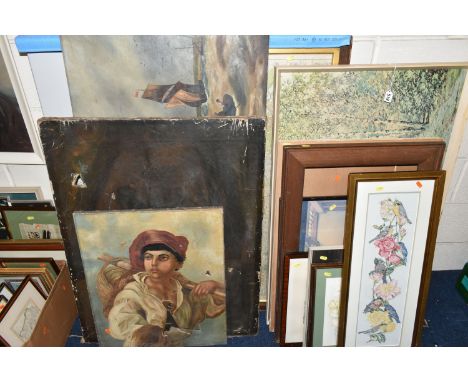 A QUANTITY OF PAINTINGS AND PRINTS ETC, to include distressed 19th century oils on canvas including a continental maritime sc