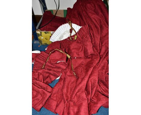 A PAIR OF RED CHENILLE CURTAINS, each curtain measures approximately 305cm width x 167 cm length, together with a frilled pel