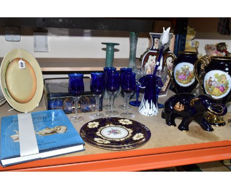 A COLLECTION OF COLOURED GLASS AND CERAMICS, comprising a Clarice Cliff 'Wheat Ear' design dinner plate, two Royal Crown Derb