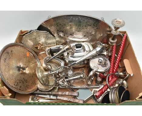 A BOX OF ASSORTED WHITE METAL WARE, to include an EPNS four branch, flower centre piece, a 'Viners' three piece, Alpha plate 