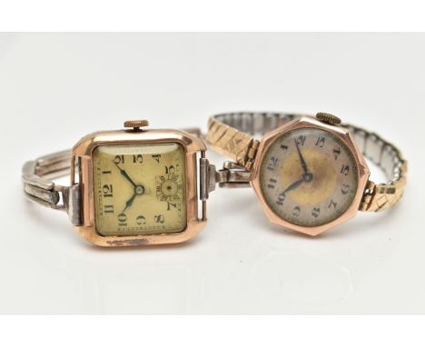 TWO EARLY 20TH CENTURY, 9CT GOLD WATCHES, the first a manual wind watch, square silver dial, Arabic numerals, blue steel hand