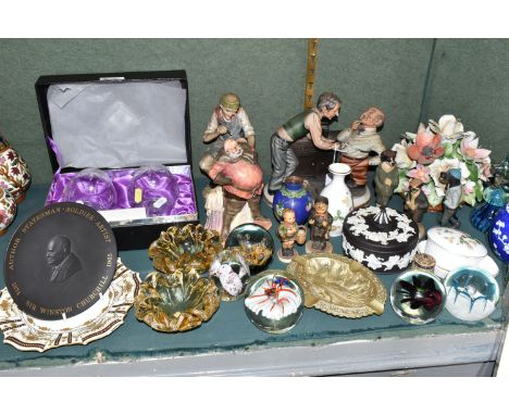 A GROUP OF CERAMICS, GLASS AND METAL WARES, to include a Royal Doulton Falstaff HN2054 figure, a Capodimonte figure group of 