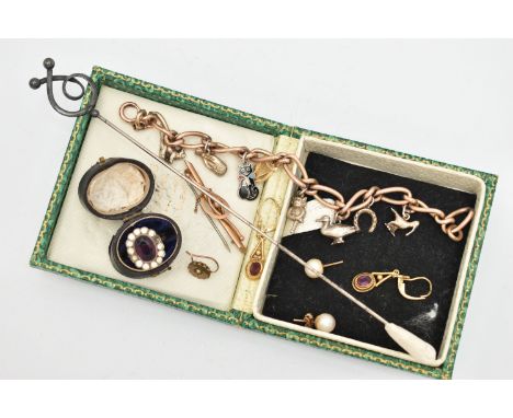 ASSORTED JEWELLERY, to include a gold plated bracelet, fitted with various charms to include a 9ct gold harp, hallmarked Lond